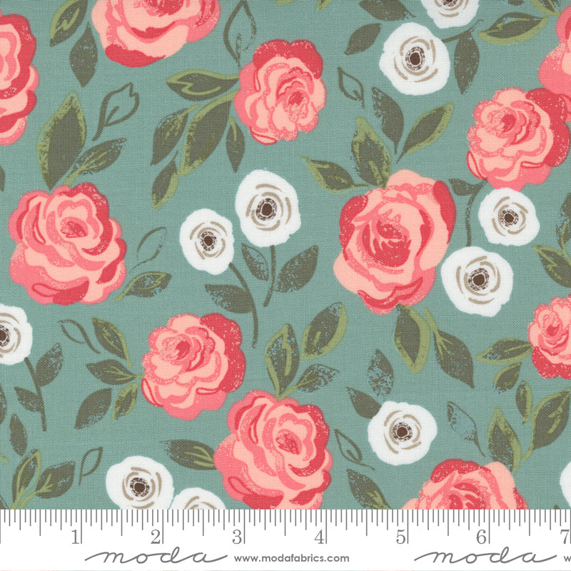 Love Note Rose In Bloom Dusty Sky - 1 yard 24 inches