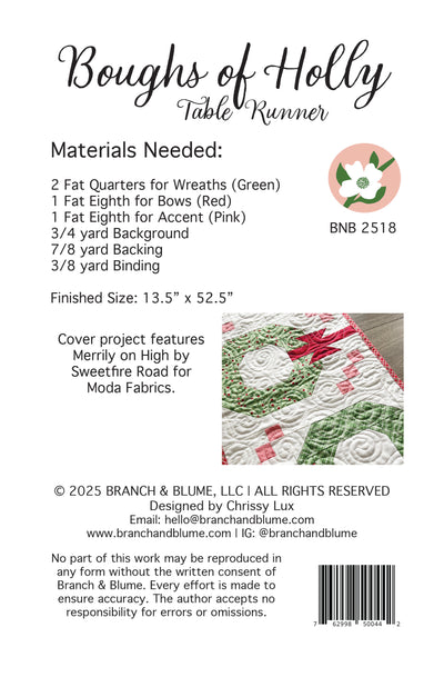 Boughs of Holly Table Runner Pattern - PDF