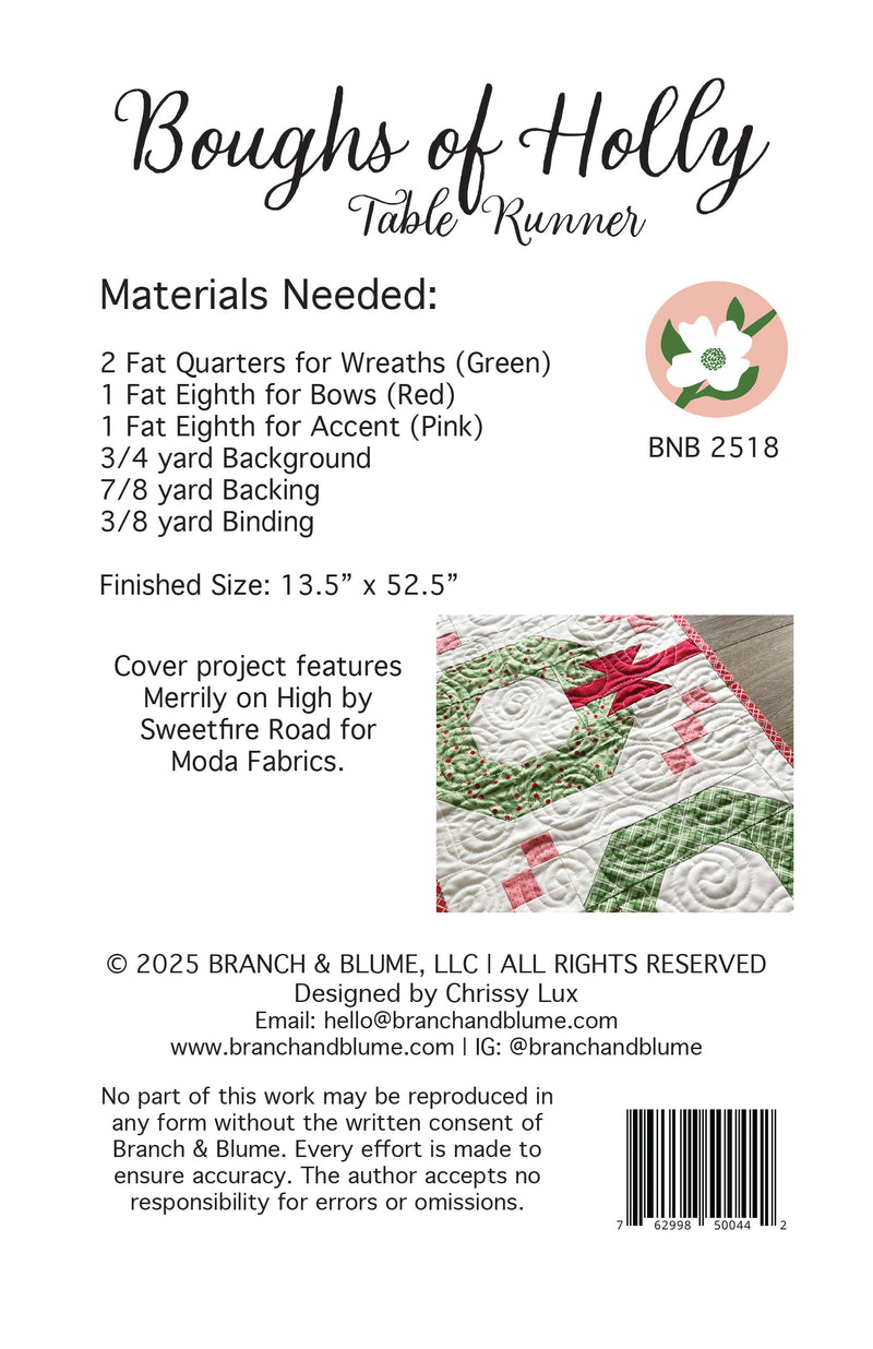 Boughs of Holly Table Runner Pattern - PDF