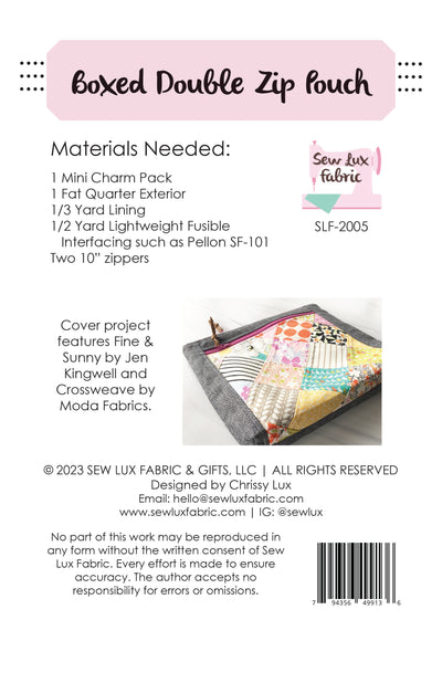 Boxed Double Zip Pouch PDF Pattern